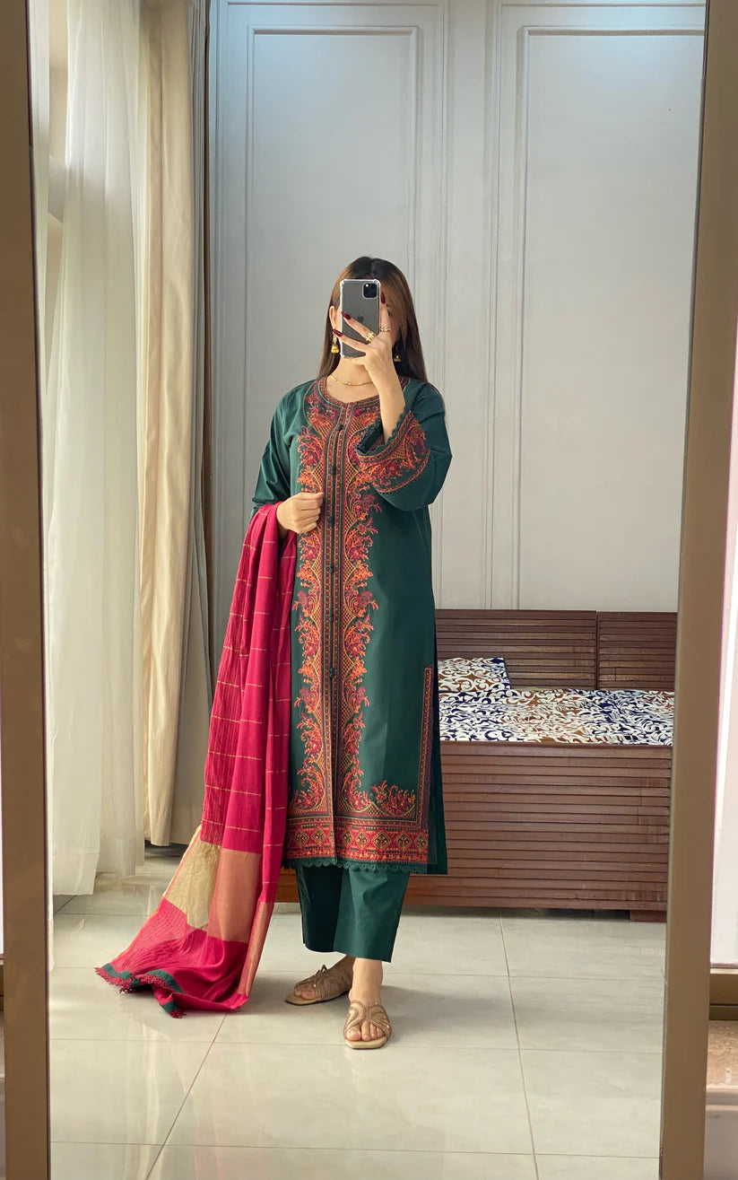 Flora Green Embroidered 3PC