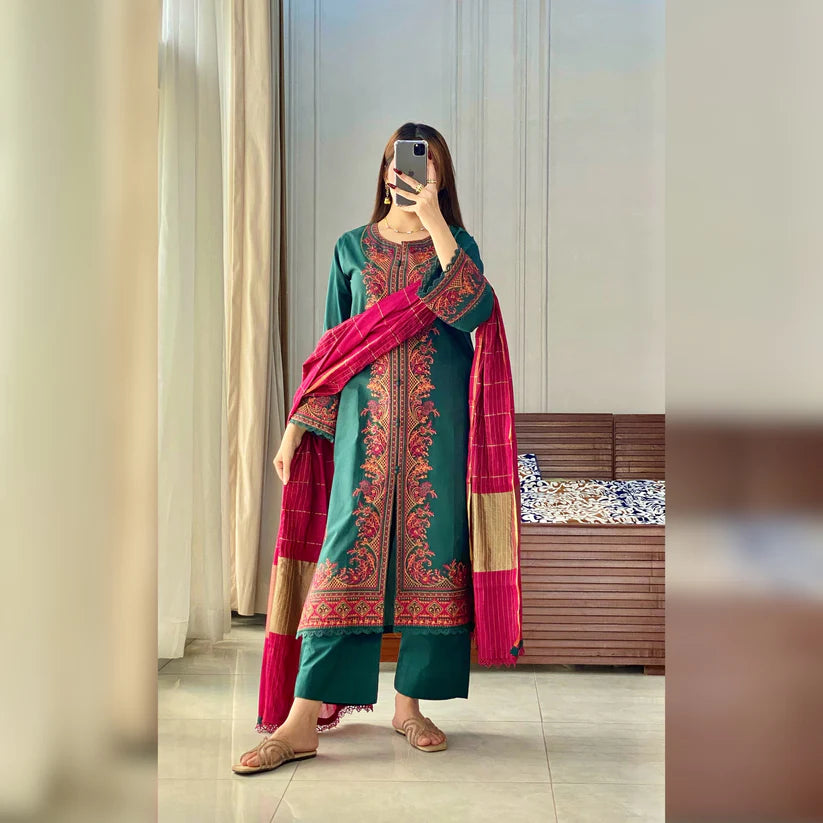 Flora Green Embroidered 3PC