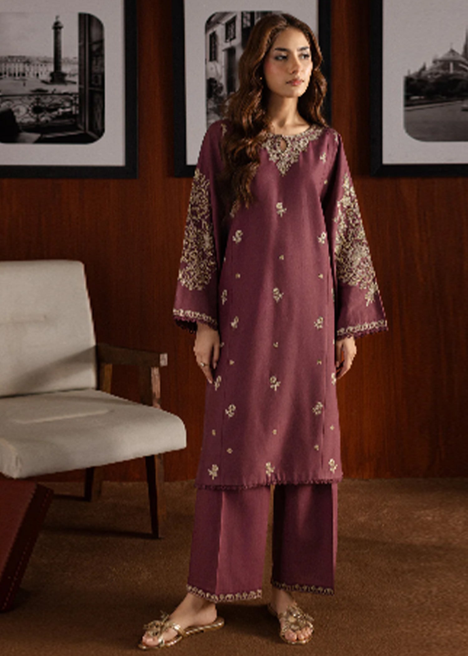 Mauve 2pcs - Embroidered Cotton - Lawn Dress